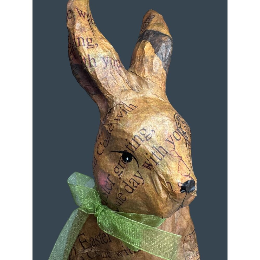 Vintage Decoupage Paper Mache Bunny Rabbit Postcard Print Green Bow 16" - Picture 6 of 12